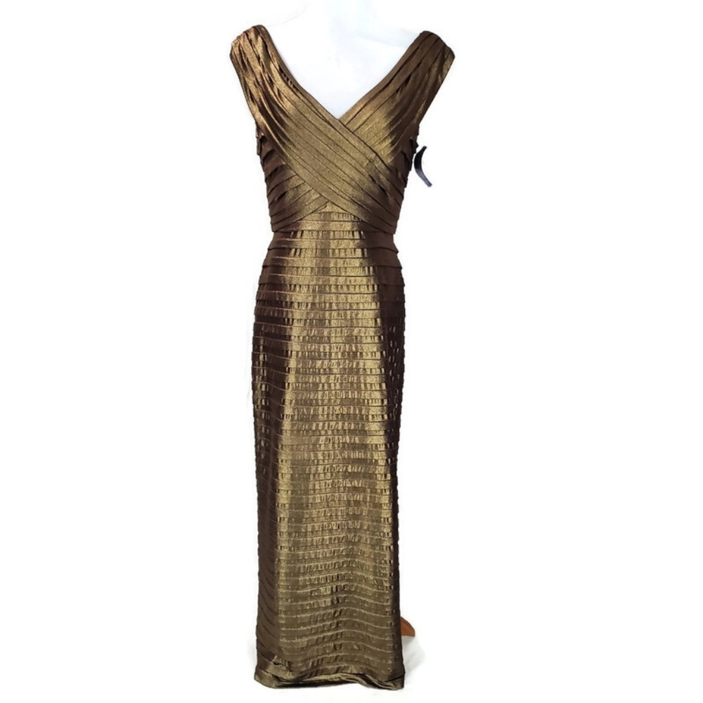 XSCAPE Evening Gown Bateau Neckline Shutter Pleat Bandage Gold Wedding Cocktail